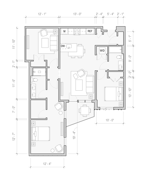 Floor plan for 2 beds, 2 baths, 1329 sqft